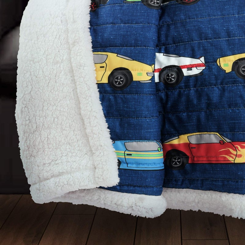 Lush Decor Cars Throw | Fuzzy Reversible Sherpa Blanket with Racing Print Design for Kids-60â€ x 50, Navy - Image 2